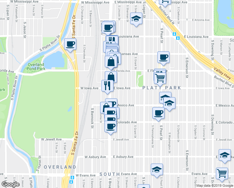 map of restaurants, bars, coffee shops, grocery stores, and more near 1631 South Lincoln Street in Denver