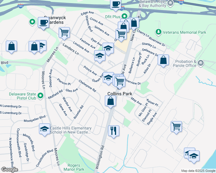 map of restaurants, bars, coffee shops, grocery stores, and more near 12 Landers Lane in New Castle