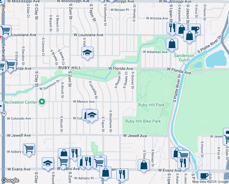 map of restaurants, bars, coffee shops, grocery stores, and more near 1630 South Raritan Street in Denver