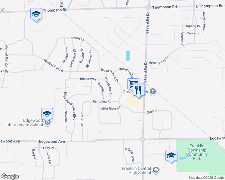map of restaurants, bars, coffee shops, grocery stores, and more near 5607 Wild Horse Drive in Indianapolis