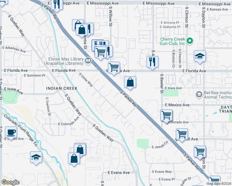 map of restaurants, bars, coffee shops, grocery stores, and more near 8661 East Hawaii Drive in Denver