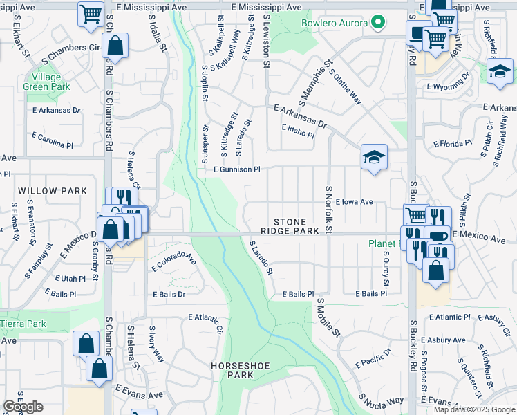 map of restaurants, bars, coffee shops, grocery stores, and more near 16134 E Iowa Ave in Aurora