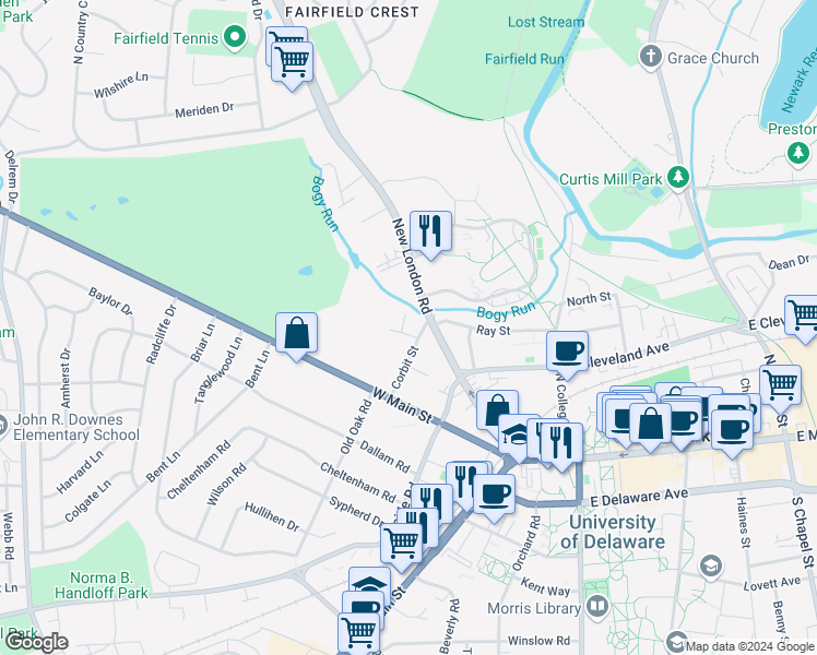 map of restaurants, bars, coffee shops, grocery stores, and more near 60 Kennard Drive in Newark