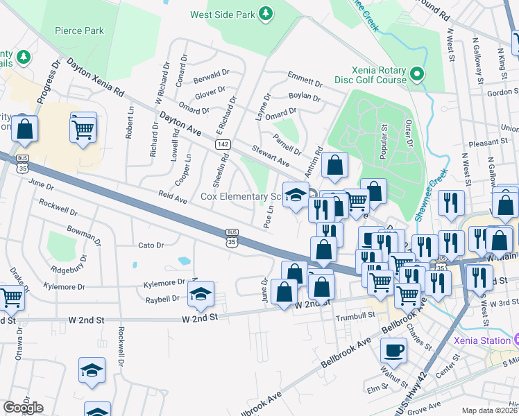 map of restaurants, bars, coffee shops, grocery stores, and more near 127 Franklin Avenue in Xenia