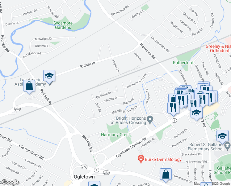 map of restaurants, bars, coffee shops, grocery stores, and more near 164 Diminish Drive in Newark