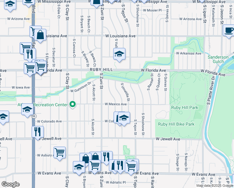 map of restaurants, bars, coffee shops, grocery stores, and more near 1625 South Vallejo Street in Denver