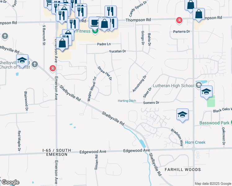 map of restaurants, bars, coffee shops, grocery stores, and more near 5518 Chisolm Trail in Indianapolis