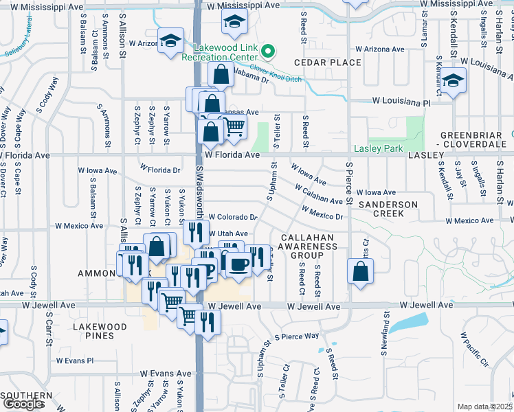 map of restaurants, bars, coffee shops, grocery stores, and more near 7280 W Oregon Dr in Lakewood