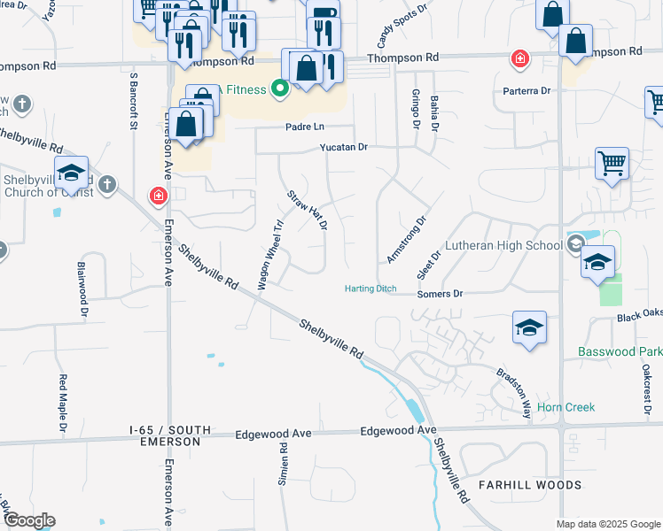 map of restaurants, bars, coffee shops, grocery stores, and more near 5517 Straw Hat Drive in Indianapolis