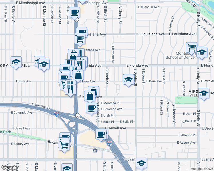 map of restaurants, bars, coffee shops, grocery stores, and more near 1690 South Birch Street in Denver