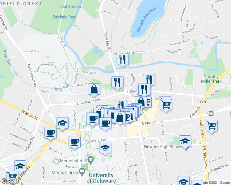 map of restaurants, bars, coffee shops, grocery stores, and more near 138 East Cleveland Avenue in Newark