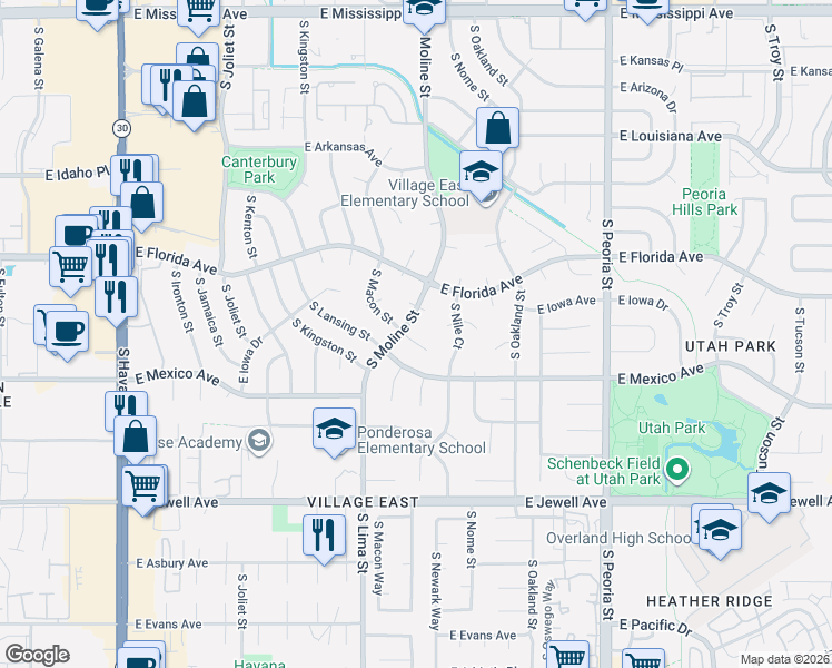 map of restaurants, bars, coffee shops, grocery stores, and more near 1632 South Macon Street in Aurora