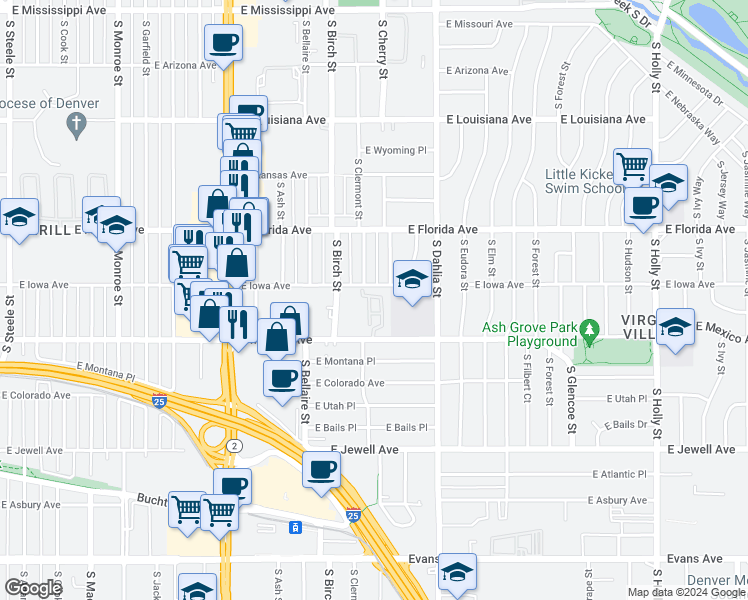 map of restaurants, bars, coffee shops, grocery stores, and more near 4565 East Mexico Avenue in Denver