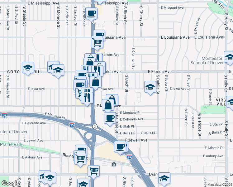 map of restaurants, bars, coffee shops, grocery stores, and more near 1625 South Birch Street in Denver