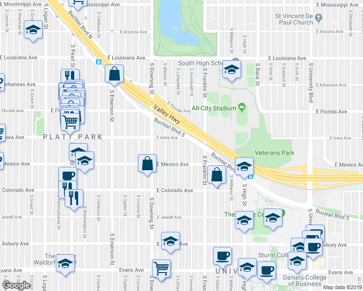 map of restaurants, bars, coffee shops, grocery stores, and more near 1625 South Lafayette Street in Denver