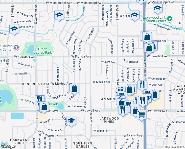 map of restaurants, bars, coffee shops, grocery stores, and more near 1659 South Brentwood Street in Lakewood