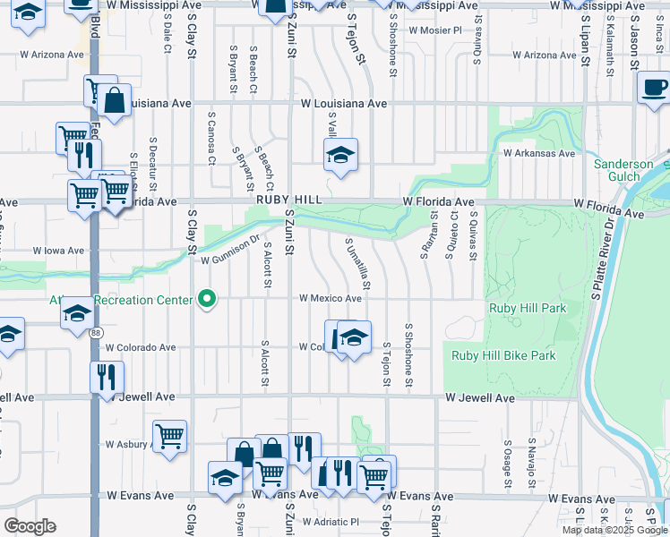 map of restaurants, bars, coffee shops, grocery stores, and more near 1625 South Vallejo Street in Denver