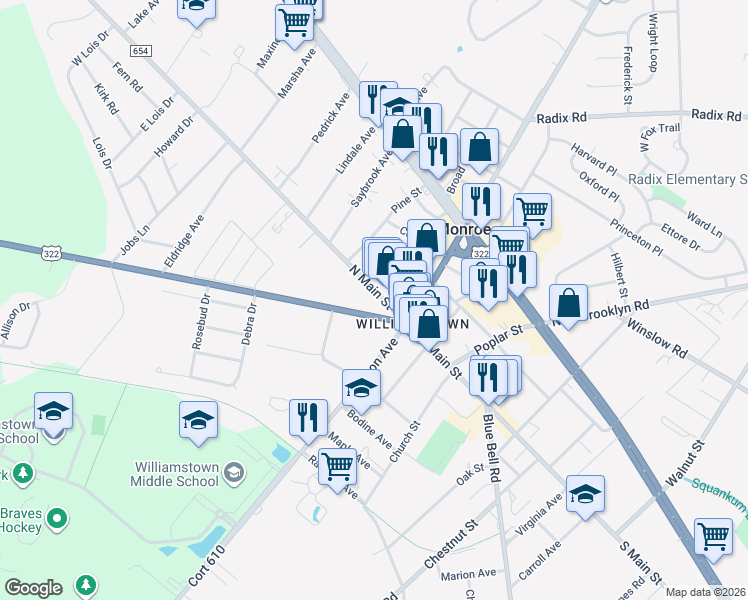 map of restaurants, bars, coffee shops, grocery stores, and more near 53 North Main Street in Monroe