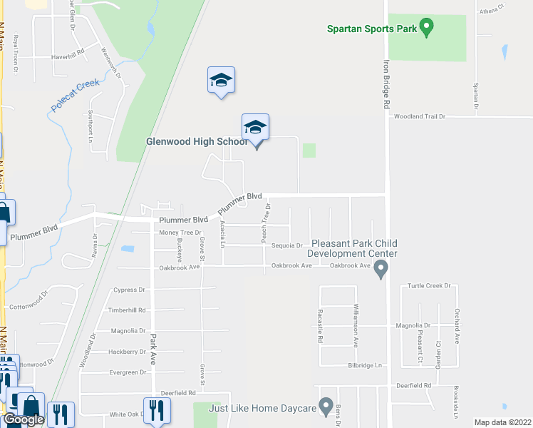map of restaurants, bars, coffee shops, grocery stores, and more near 1211 Peach Tree Drive in Chatham