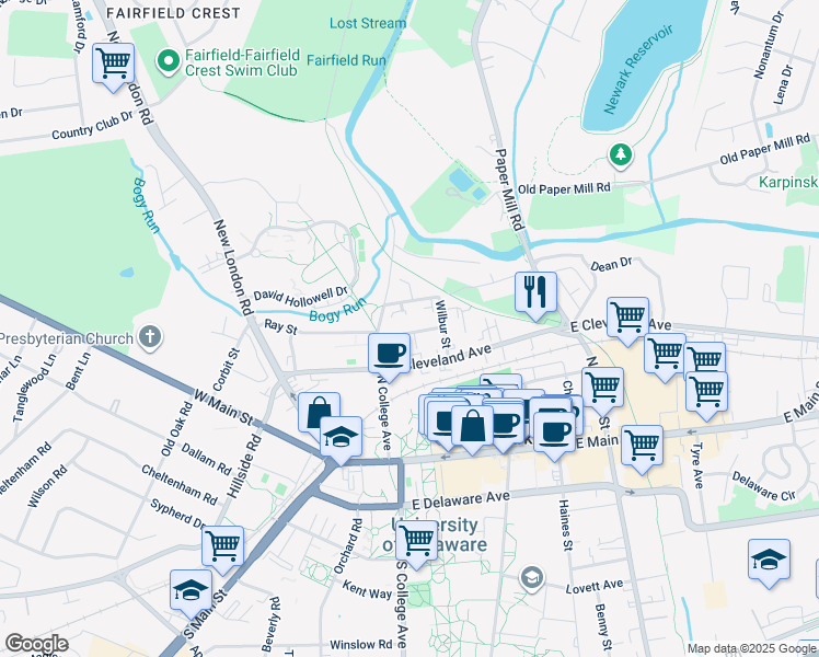 map of restaurants, bars, coffee shops, grocery stores, and more near 38 Prospect Avenue in Newark