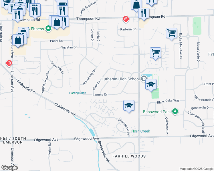 map of restaurants, bars, coffee shops, grocery stores, and more near 5519 Meckes Lane in Indianapolis