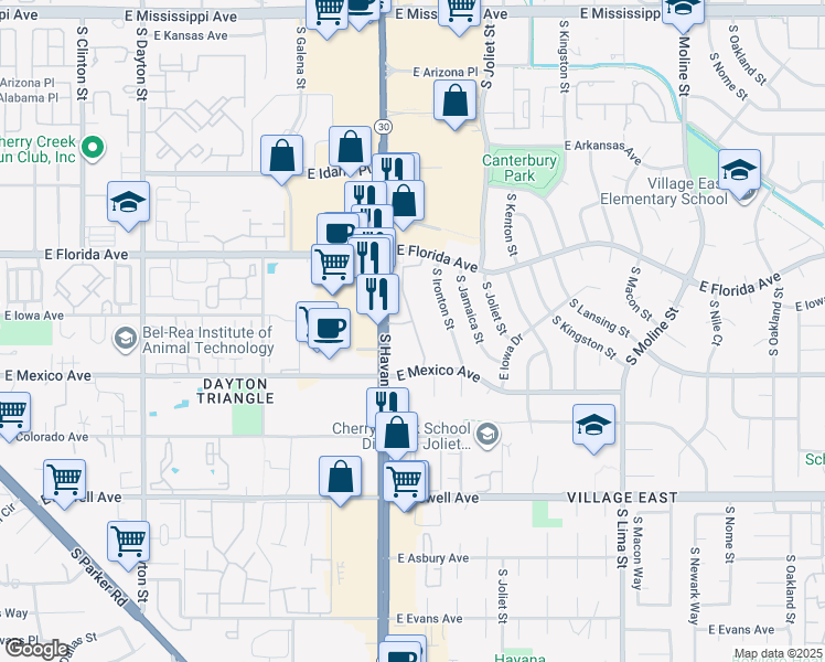 map of restaurants, bars, coffee shops, grocery stores, and more near 1625 South Iola Street in Aurora