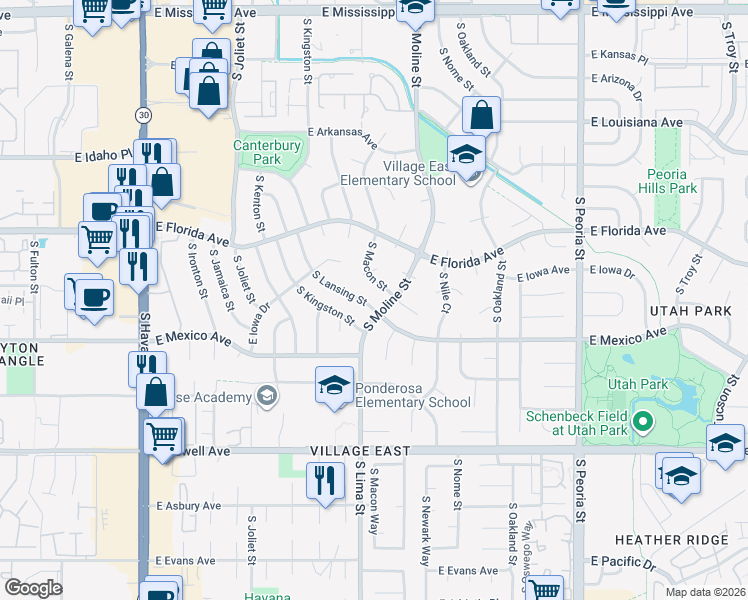 map of restaurants, bars, coffee shops, grocery stores, and more near 1692 South Lansing Street in Aurora