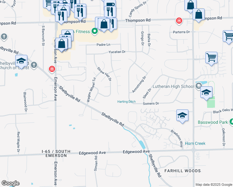 map of restaurants, bars, coffee shops, grocery stores, and more near 5517 Straw Hat Drive in Indianapolis