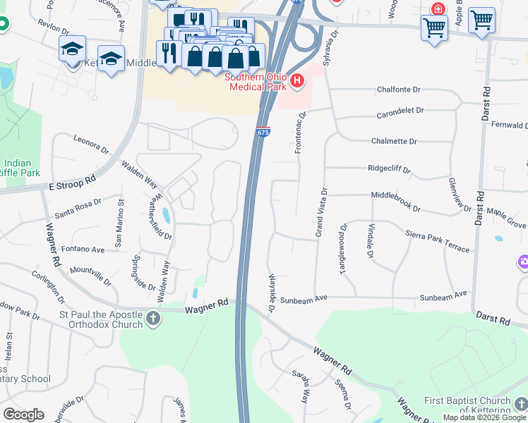 map of restaurants, bars, coffee shops, grocery stores, and more near 329 Wayside Drive in Dayton