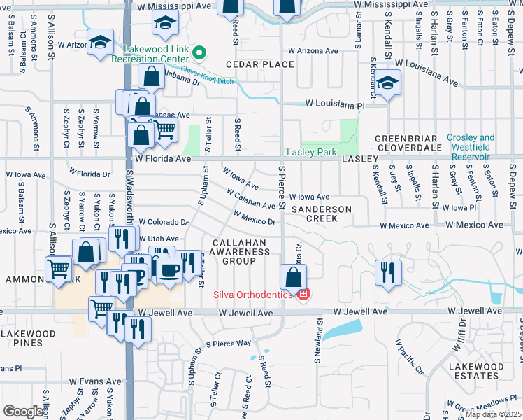 map of restaurants, bars, coffee shops, grocery stores, and more near 6910 West Calahan Avenue in Lakewood