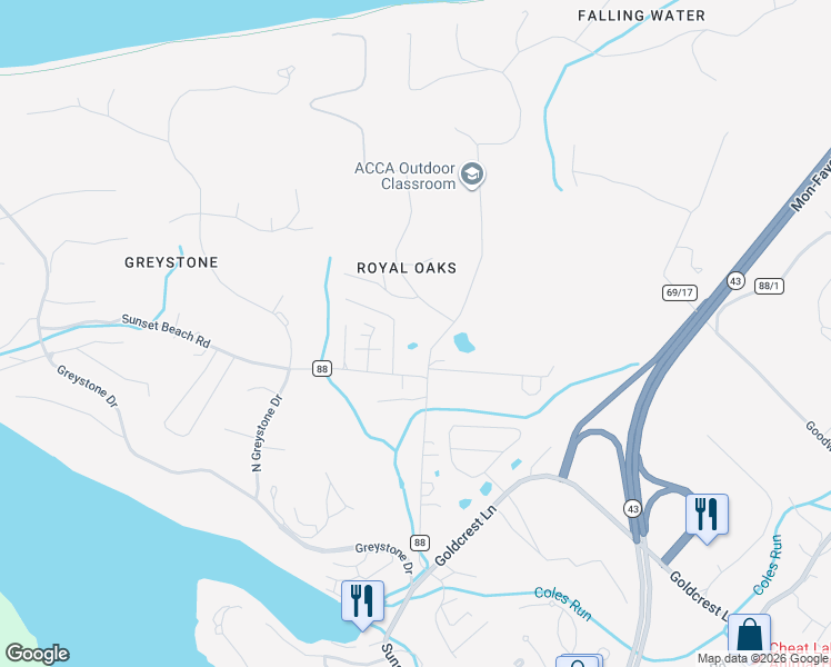 map of restaurants, bars, coffee shops, grocery stores, and more near 21 Goose Hollow Road in Morgantown