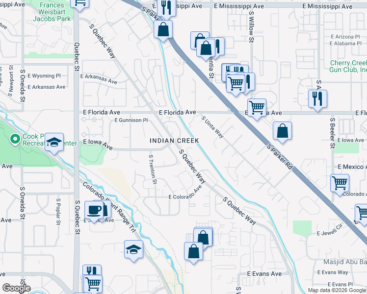 map of restaurants, bars, coffee shops, grocery stores, and more near 1620 South Quebec Way in Denver