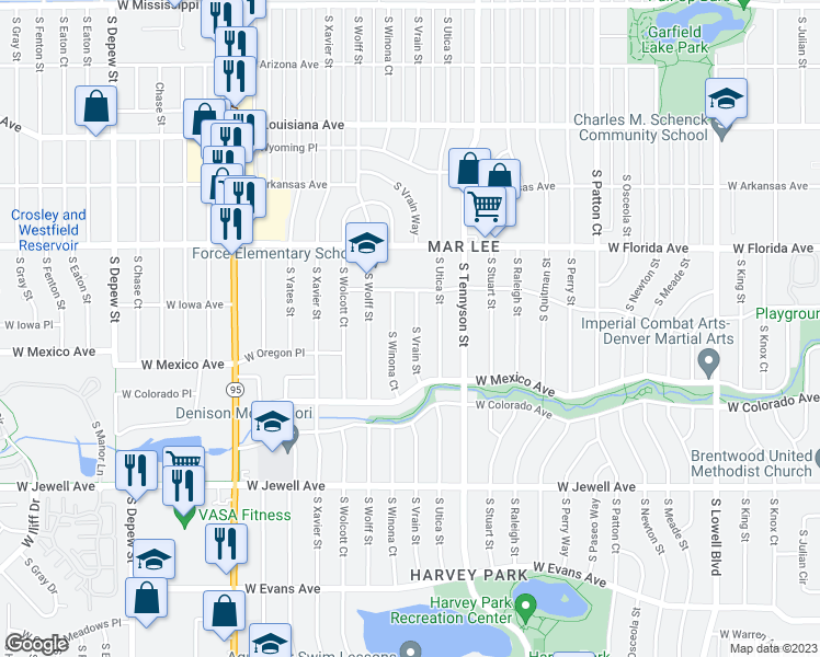 map of restaurants, bars, coffee shops, grocery stores, and more near 1643 South Vrain Street in Denver