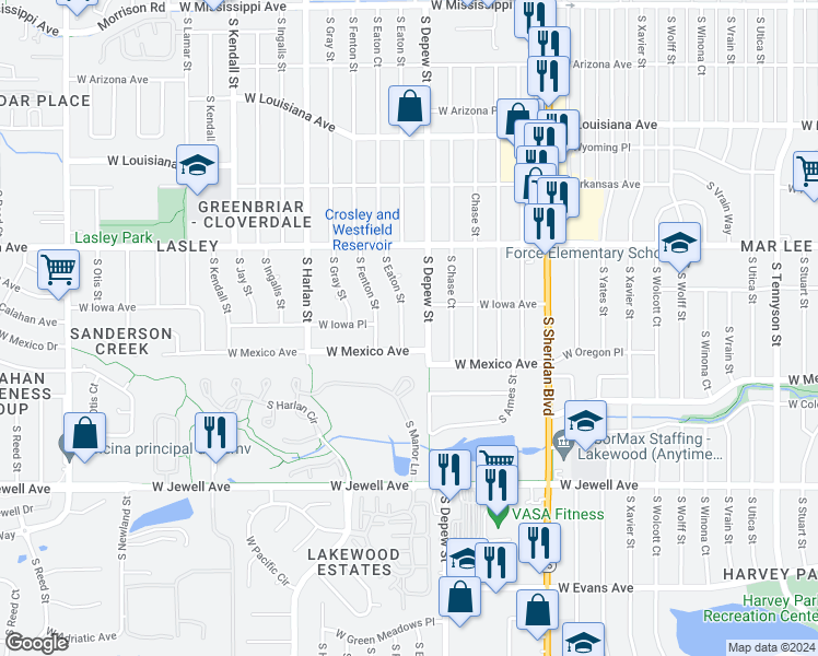 map of restaurants, bars, coffee shops, grocery stores, and more near 1632 South Eaton Street in Lakewood