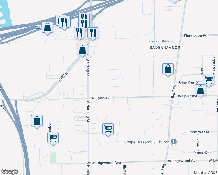 map of restaurants, bars, coffee shops, grocery stores, and more near 5404 Cliff Ridge Drive in Indianapolis