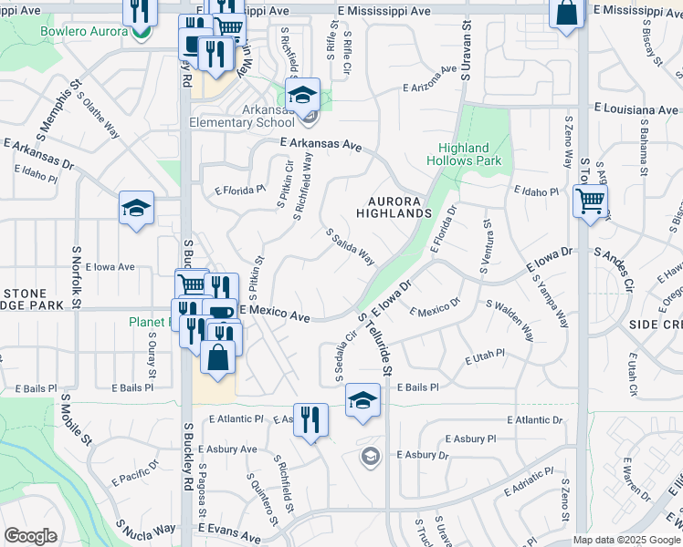 map of restaurants, bars, coffee shops, grocery stores, and more near 1638 South Sedalia Street in Aurora