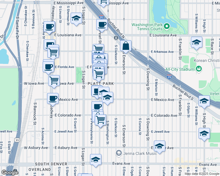 map of restaurants, bars, coffee shops, grocery stores, and more near 1624 South Washington Street in Denver