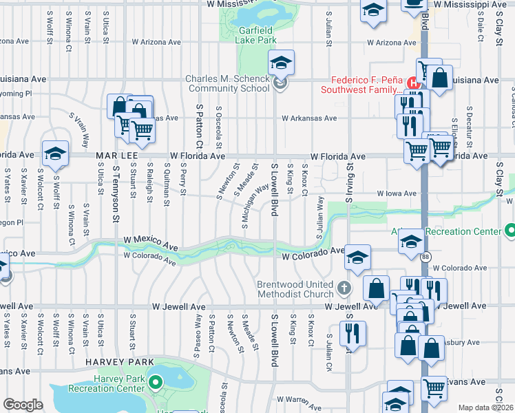 map of restaurants, bars, coffee shops, grocery stores, and more near 1598 South Michigan Way in Denver