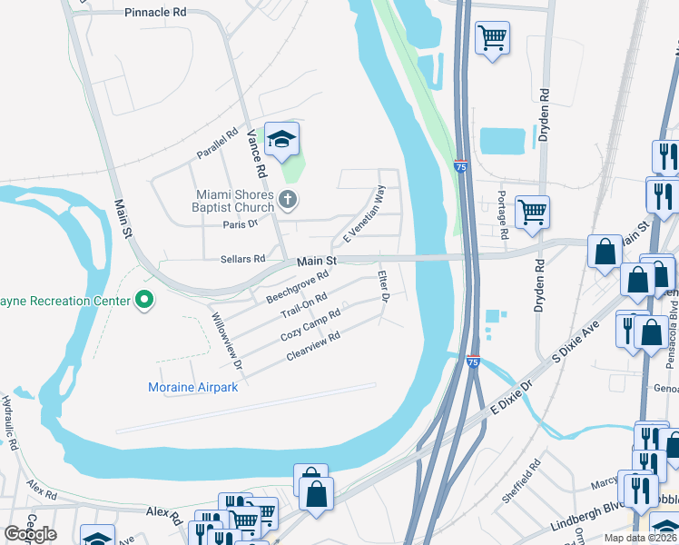 map of restaurants, bars, coffee shops, grocery stores, and more near 3404 Beechgrove Road in Moraine