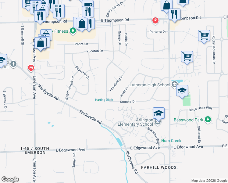 map of restaurants, bars, coffee shops, grocery stores, and more near 5527 Armstrong Dr in Indianapolis