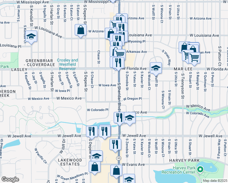map of restaurants, bars, coffee shops, grocery stores, and more near 1632 South Ames Street in Lakewood