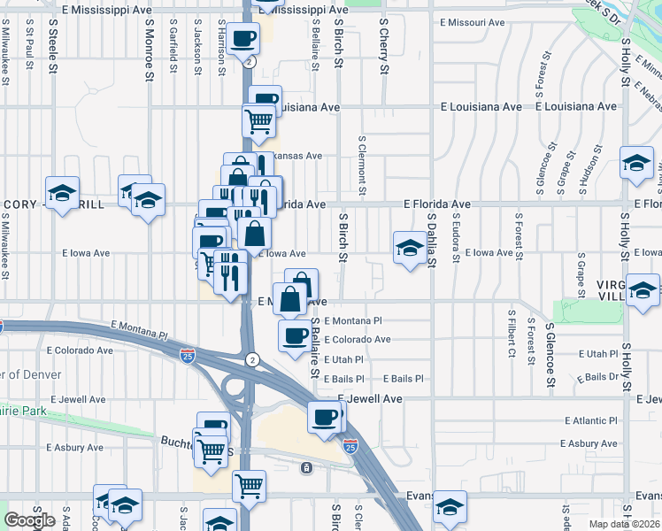 map of restaurants, bars, coffee shops, grocery stores, and more near 1625 South Birch Street in Denver