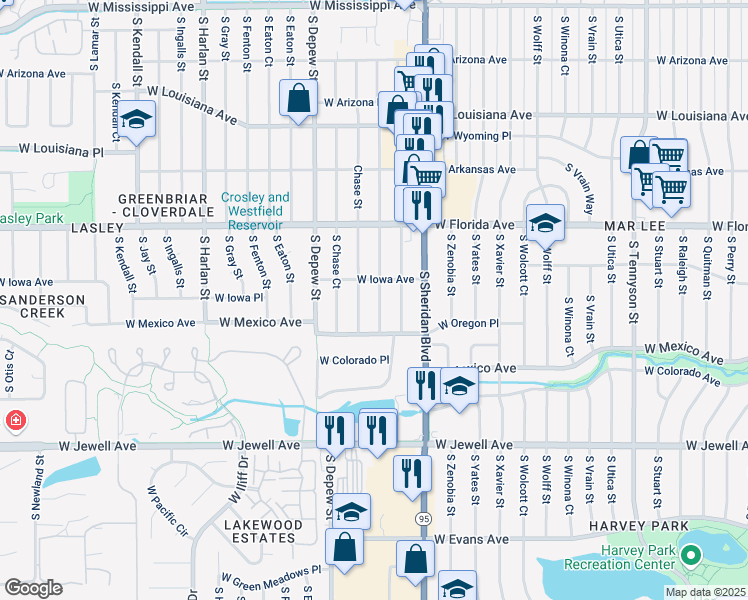 map of restaurants, bars, coffee shops, grocery stores, and more near 1633 South Benton Street in Lakewood