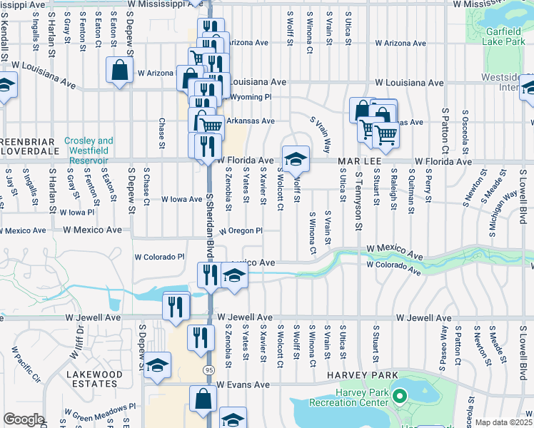 map of restaurants, bars, coffee shops, grocery stores, and more near 1630 South Xavier Street in Denver