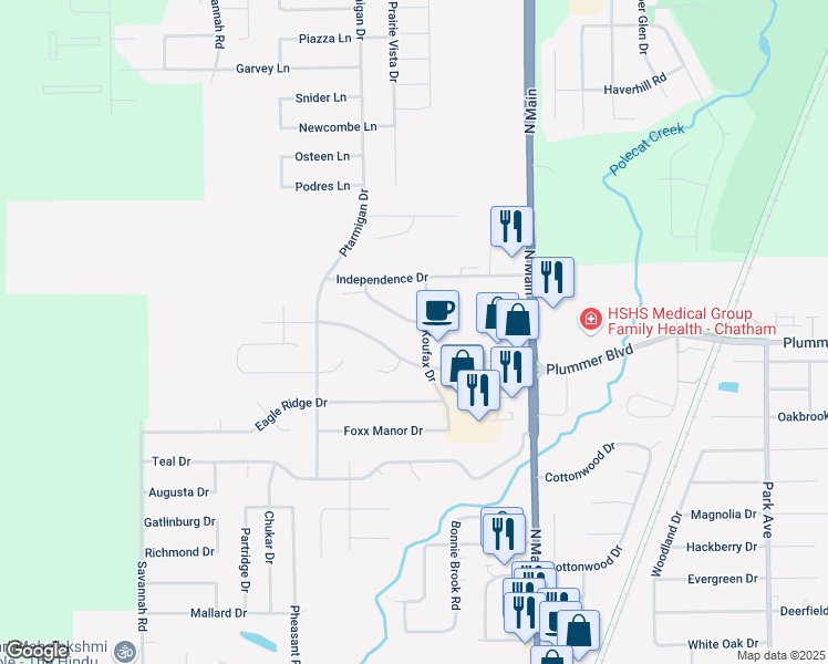 map of restaurants, bars, coffee shops, grocery stores, and more near Koufax Drive in Chatham
