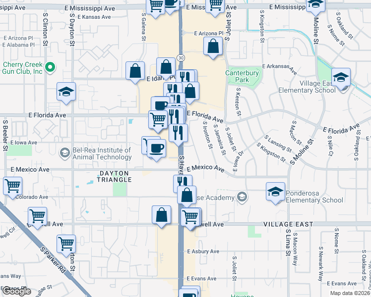 map of restaurants, bars, coffee shops, grocery stores, and more near 1625 South Iola Street in Aurora