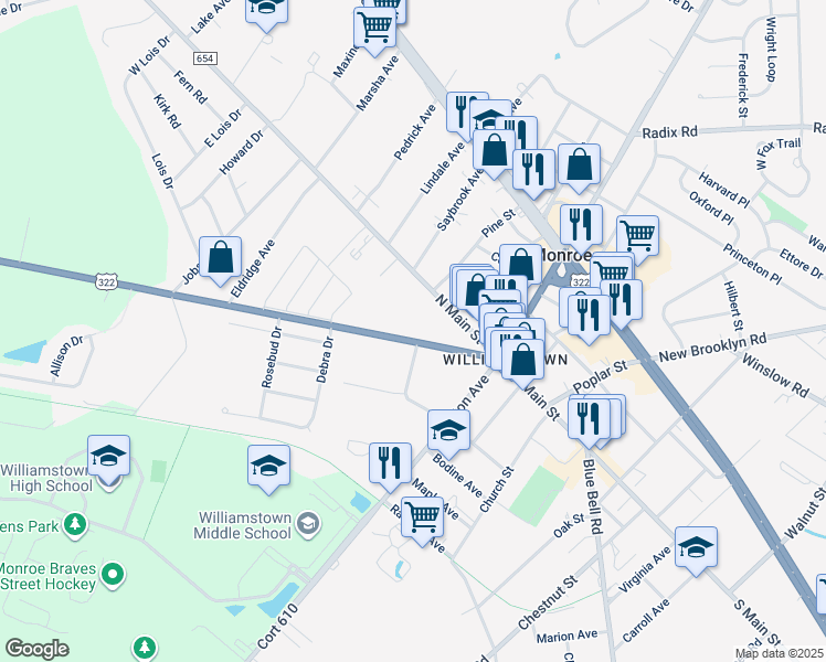 map of restaurants, bars, coffee shops, grocery stores, and more near 214 Glassboro Road in Monroe