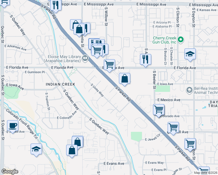 map of restaurants, bars, coffee shops, grocery stores, and more near 8661 East Hawaii Drive in Denver