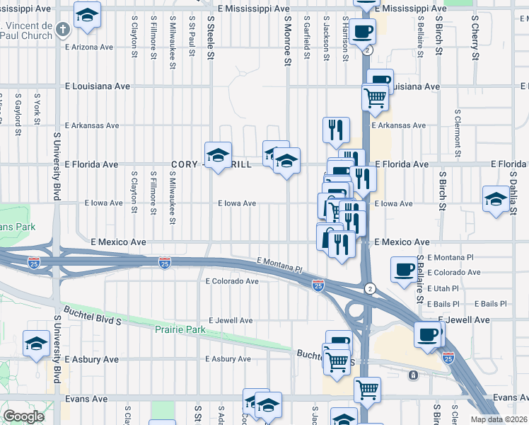 map of restaurants, bars, coffee shops, grocery stores, and more near 1620 South Cook Street in Denver
