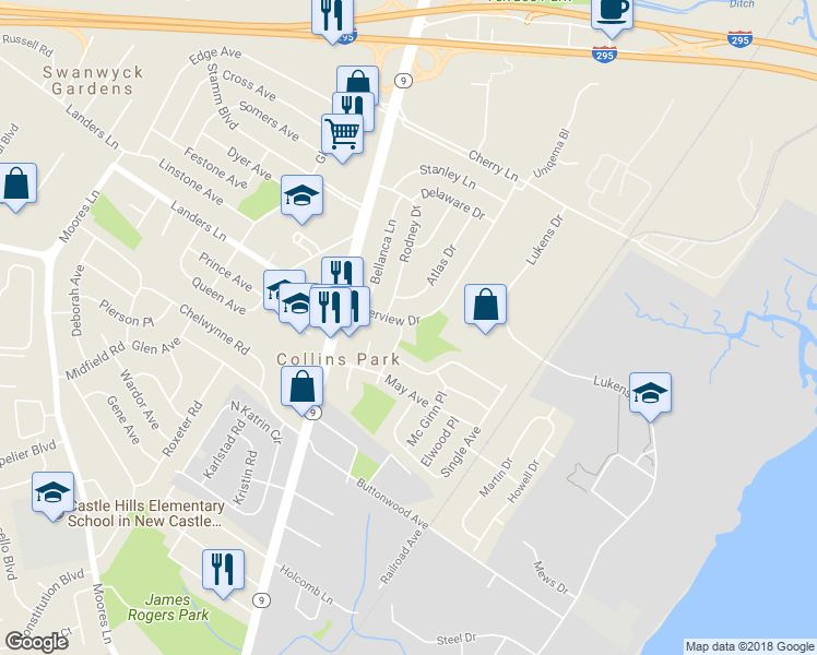 map of restaurants, bars, coffee shops, grocery stores, and more near 172 Riverview Drive in New Castle